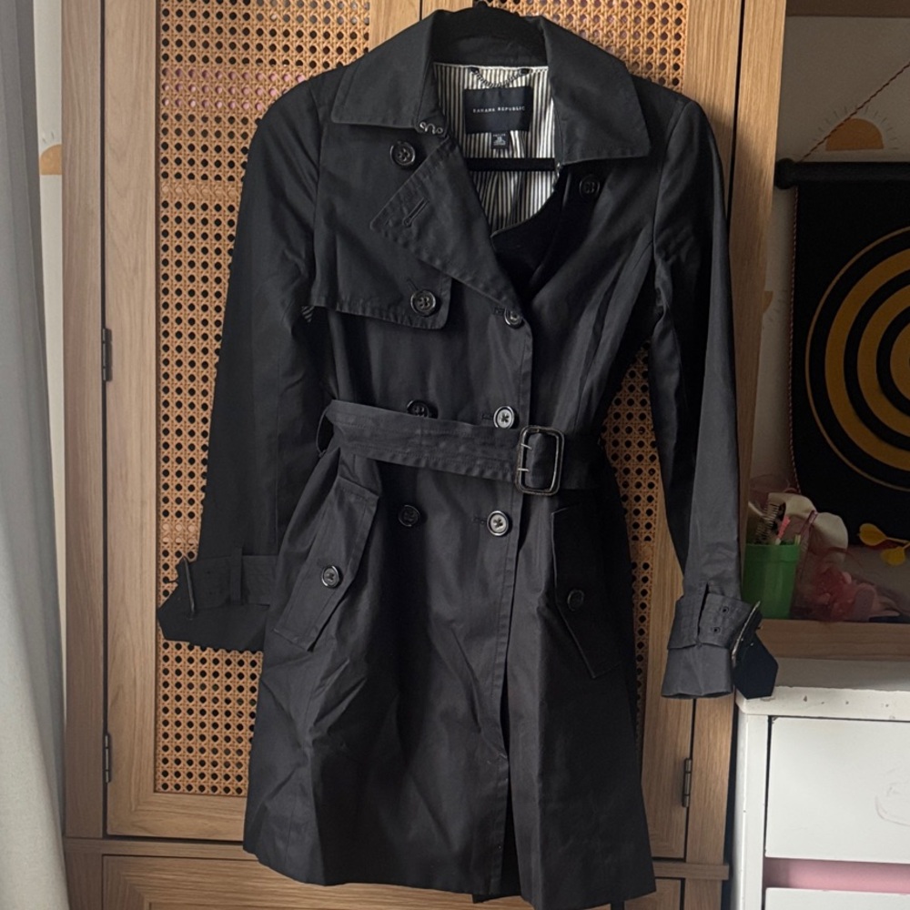Banana Republic Classic Double breasted black Coat with Striped Lining.